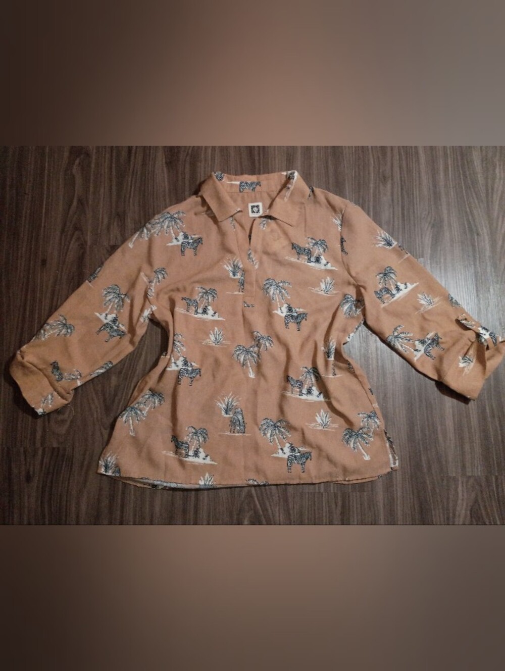 Anne Klein Tan Polo Shirt with Black & White Zebra Print